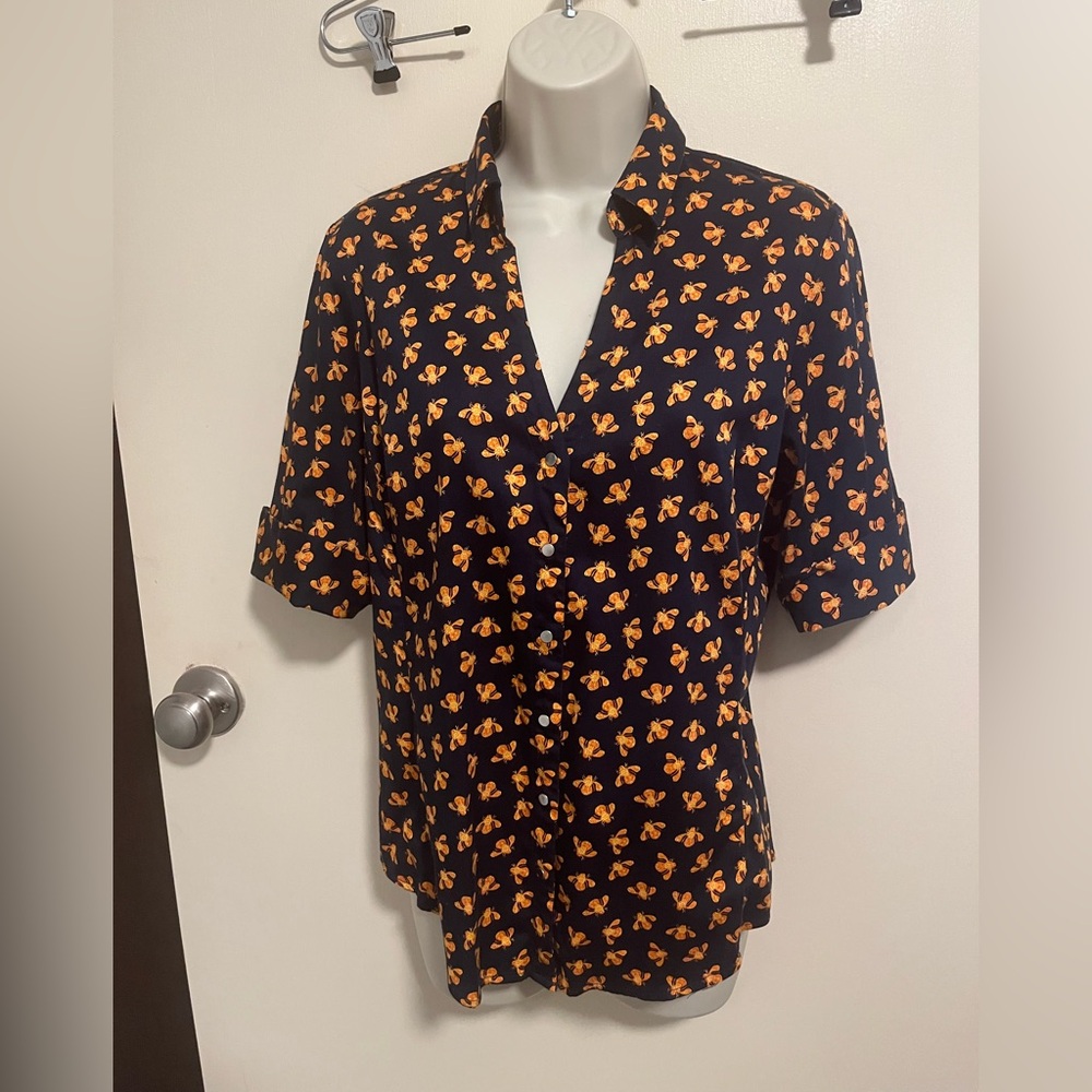 New York & Company Navy blue and Orange Short Sleeve Button Down